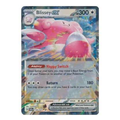 A single Pokémon trading card featuring Blissey EX, a pink and white egg-shaped Pokémon. The card has a blue and silver holographic border with game text, HP 300, and the Blissey EX name at the top.
