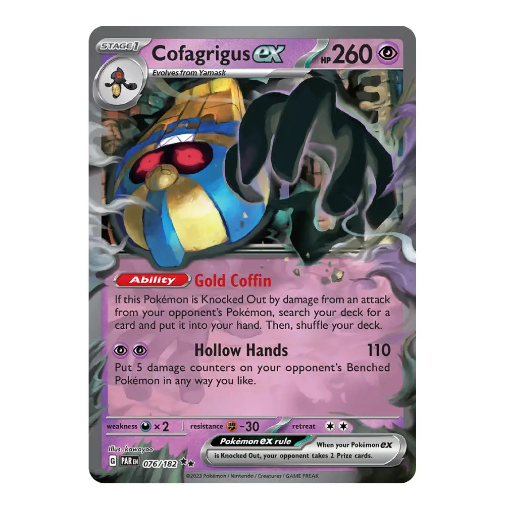 A single Pokémon trading card for Cofagrigus EX, shown flat against a plain white background. The card features artwork of a black-and-blue bird with red eyes and a purple-toned illustrated scene, plus standard game text boxes and a Pokémon logo in the top-left corner.