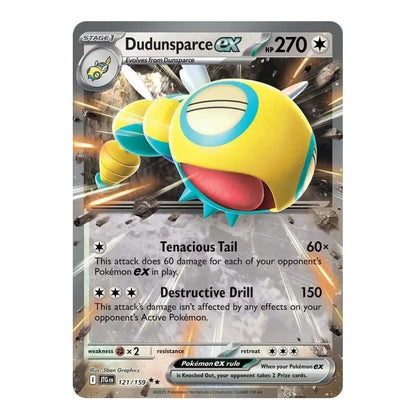 A single Pokémon trading card for Dudunsparce EX, shown flat against a plain white background. The card features a large yellow and teal bird-like creature with a red mouth, and printed game text and stats around it.