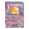 A single Pokémon trading card for Dedenne EX from the Paldean Fates expansion, featuring artwork of a yellow crystalline Pokémon with pink and blue energy effects, shown on a plain white background.