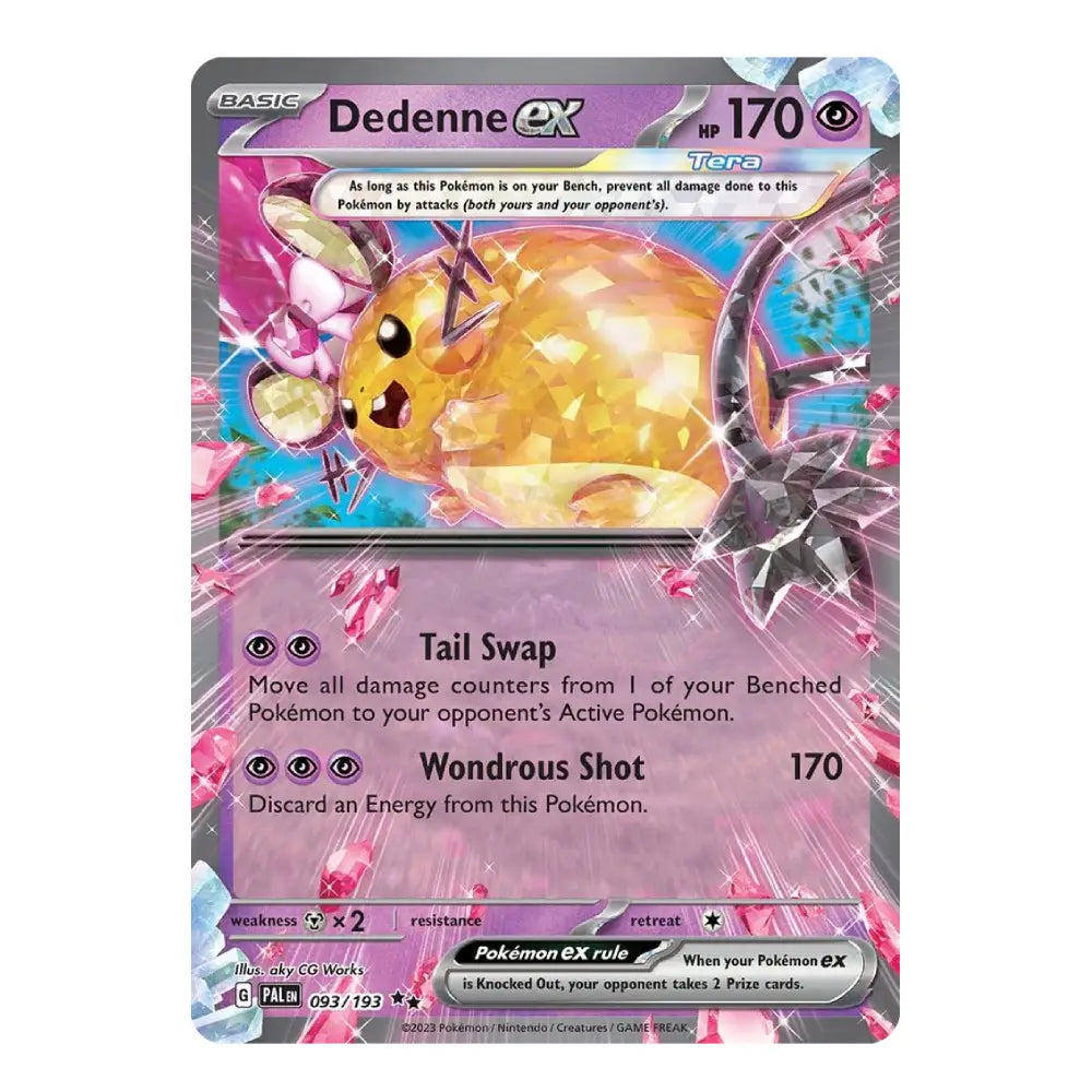 A single Pokémon trading card for Dedenne EX from the Paldean Fates expansion, featuring artwork of a yellow crystalline Pokémon with pink and blue energy effects, shown on a plain white background.