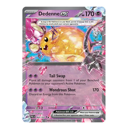 A single Pokémon trading card for Dedenne EX from the Paldean Fates expansion, featuring artwork of a yellow crystalline Pokémon with pink and blue energy effects, shown on a plain white background.