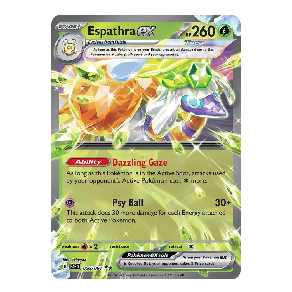 A single Pokémon trading card for Espathra EX from the 2024 TCG Expansion, featuring a colorful illustration of the character with green, white, and orange tones on a gray card border.