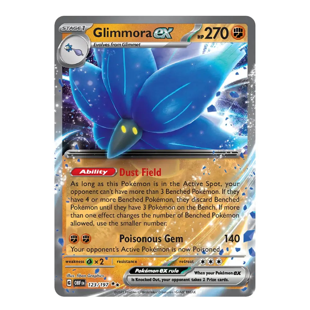 A single Pokémon trading card for Glimmora ex, shown against a plain white background. The card features artwork of a blue dragon-like Pokémon with a gold and gray border and printed game text.