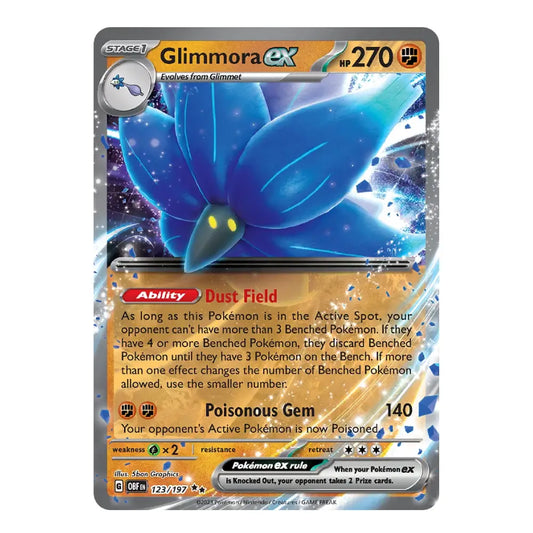 A single Pokémon trading card for Glimmora ex, shown against a plain white background. The card features artwork of a blue dragon-like Pokémon with a gold and gray border and printed game text.