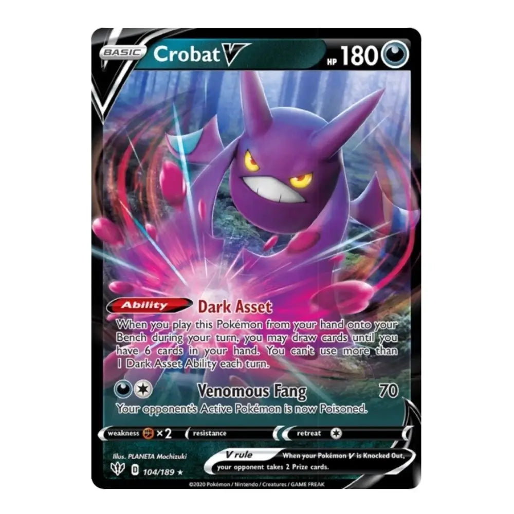 A single Pokémon trading card for Crobat V, shown against a plain white background. The card features artwork of a purple dragon-like creature with glowing yellow eyes and pink energy effects, plus standard card text and stats.