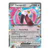 A single Pokémon trading card for Flamigo EX, shown against a plain white background. The card features artwork of the pink and white bird Pokémon with dark purple accents, surrounded by floating seeds on a blue and pink burst background.