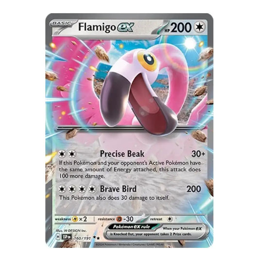 A single Pokémon trading card for Flamigo EX, shown against a plain white background. The card features artwork of the pink and white bird Pokémon with dark purple accents, surrounded by floating seeds on a blue and pink burst background.