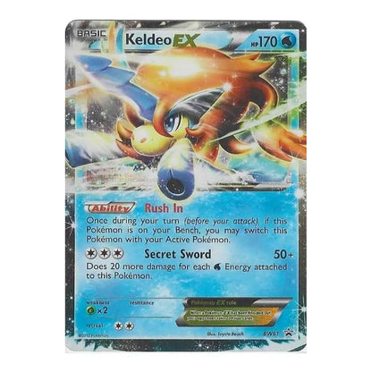 Keldeo EX Pokémon trading card featuring the Secret Sword attack and Rush In ability.