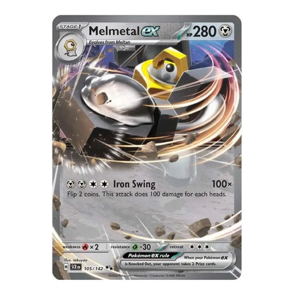 A single Pokémon trading card for Melmetal EX from the Exeggaler set, featuring artwork of a metallic robot head with a yellow face and silver body, on a gray card face with printed game text and stats.
