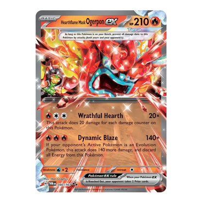 A single Pokémon trading card for Heartflame Mask Ogerpon EX, featuring red and orange artwork, attack text, and a clean white background around the card.