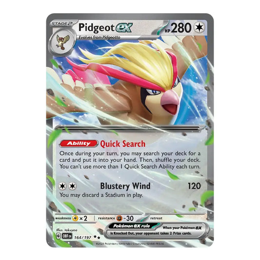 A single Pokémon TCG trading card featuring Pidgeot EX, with artwork of the character in a pink and red hat against a blue and white background. The card includes game text, HP 280, and Pokémon EX branding.