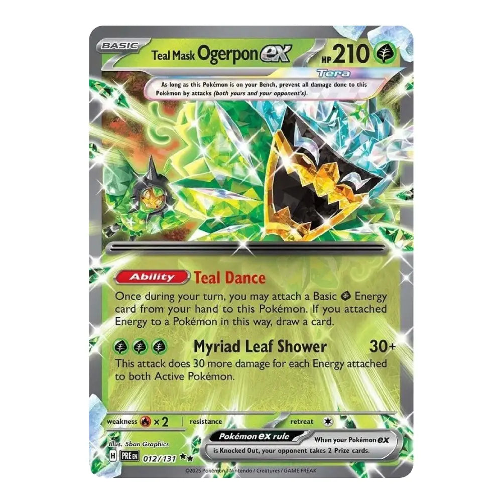 Teal Mask Ogerpon ex Pokémon trading card with Tera artwork, Teal Dance ability, and Myriad Leaf Shower attack.