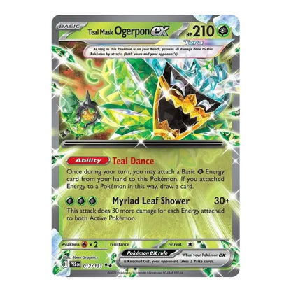 Teal Mask Ogerpon ex Pokémon trading card with Tera artwork, Teal Dance ability, and Myriad Leaf Shower attack.