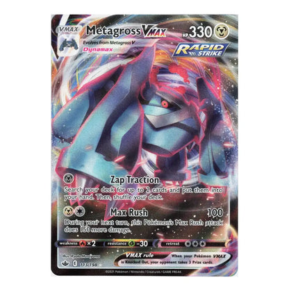 A single Pokémon trading card featuring Metagross VMAX, with artwork of the blue and black bird-like Pokémon surrounded by red energy effects. The card includes game text, stats, and the Dynamax logo, photographed against a plain white background.