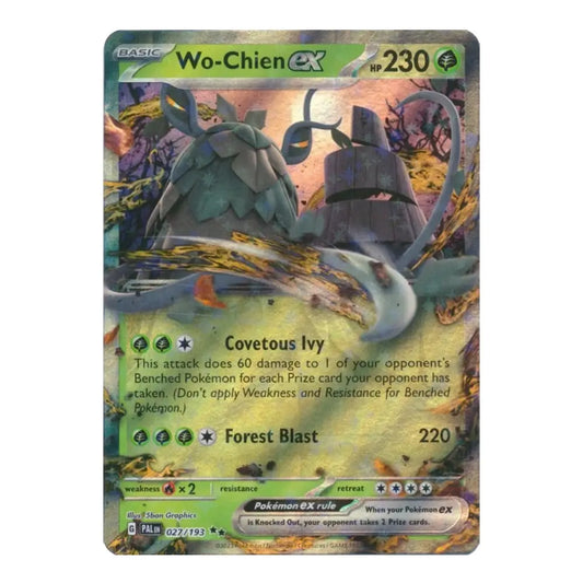 A single Pokémon trading card featuring Wo-Chien EX from the Evolving Skies expansion. The card has a green and gold border, holographic foil texture, and artwork of Wo-Chien with a forest background.