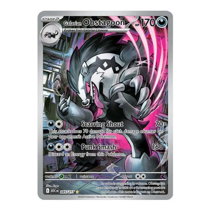 A single Pokémon trading card featuring the character Gabitar Obstagoon, with a silver border and colorful artwork of a black, white, and pink creature in an industrial setting.