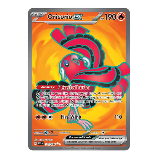 A single Pokémon trading card for Oricorio EX, shown front-facing on a plain white background. The card features a fiery orange and yellow design with a red-and-black bird character and printed game text and stats.