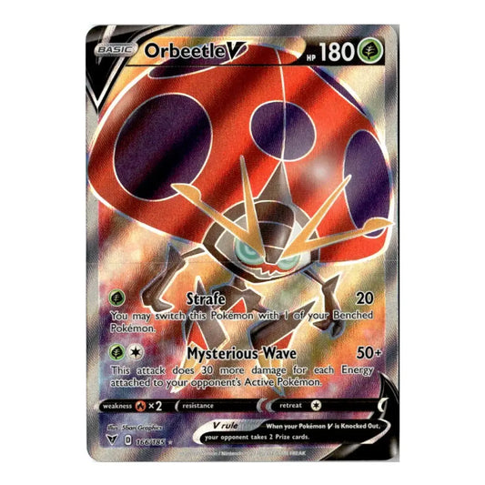 A single Pokémon trading card featuring Orbeetle V, shown against a plain white background. The card has a metallic foil finish with red, orange, purple, and black artwork, plus visible holographic reflections.