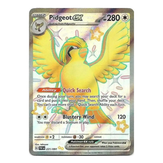 A holographic Pokémon EX trading card featuring Pidgeot EX, with a yellow and gold bird illustration, silver holographic borders, and printed game text on a white background.