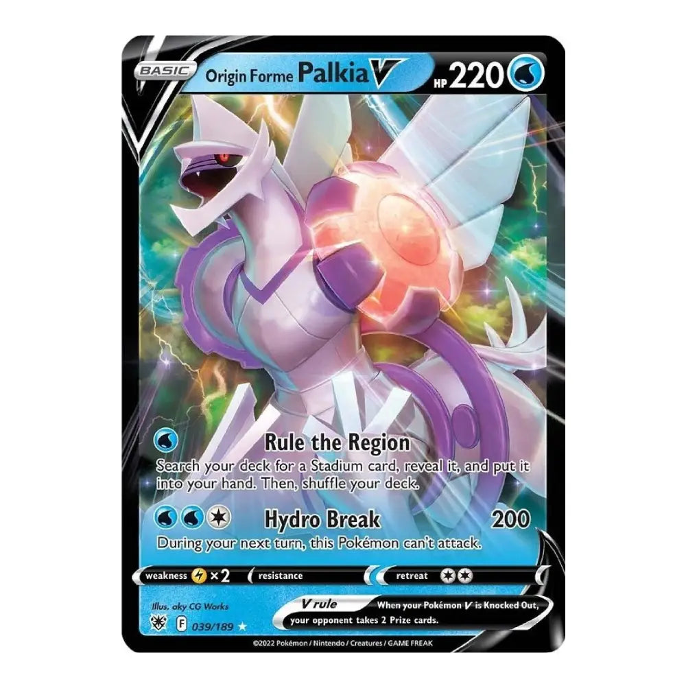 A single Pokémon trading card for Origin Forme Palkia, featuring artwork of the Pokémon with blue, purple, and pink tones on a black card border. Visible text includes 'BASIC', 'Origin Forme Palkia V', and 'HP 220'.