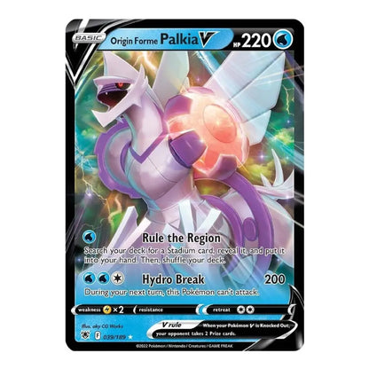A single Pokémon trading card for Origin Forme Palkia, featuring artwork of the Pokémon with blue, purple, and pink tones on a black card border. Visible text includes 'BASIC', 'Origin Forme Palkia V', and 'HP 220'.