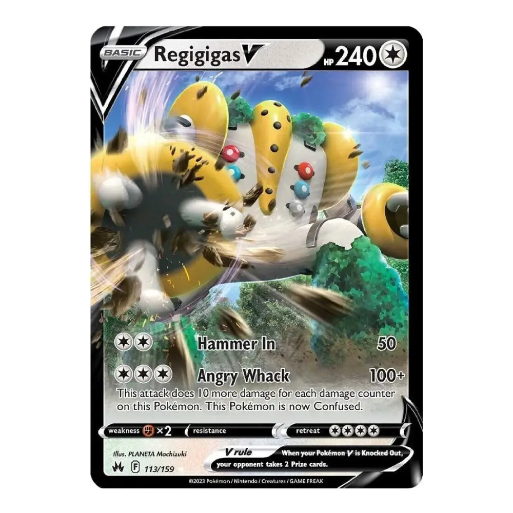 A single Pokémon trading card for Regigigas V, shown against a plain white background. The card features artwork of the Pokémon in a blue sky environment, with black borders and printed stats, type, and rules text.