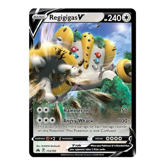 A single Pokémon trading card for Regigigas V, shown against a plain white background. The card features artwork of the Pokémon in a blue sky environment, with black borders and printed stats, type, and rules text.
