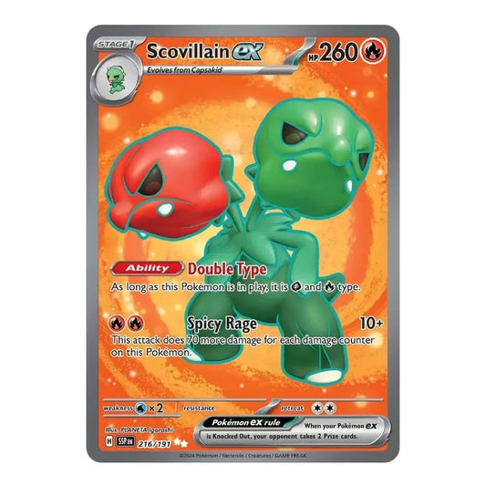 A single Pokémon trading card featuring Scovillain EX from the Eevee expansion, with artwork of a split green and red creature on an orange background, shown against a plain white backdrop.