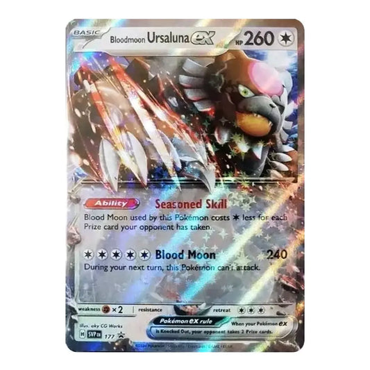 A holographic Pokémon TCG trading card of Bloodmoon Ursaluna EX from the Basic set, featuring a shimmering silver border and dynamic artwork of the creature.