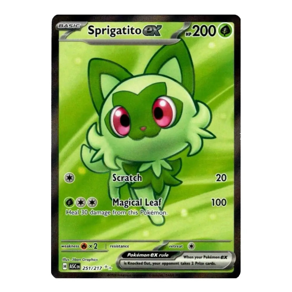 A single Pokémon trading card featuring Sprigatito EX from the Basic set, with a green background, black border, and character artwork on a white page background.