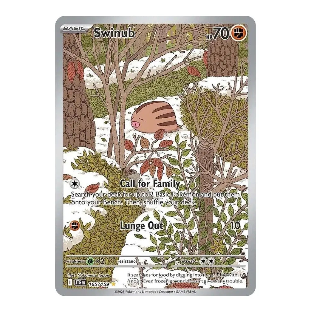 A single Pokémon trading card featuring the character Swinub in a winter forest illustration. The card has a silver border, printed artwork with snow, trees, and foliage, and visible Pokémon branding at the bottom.