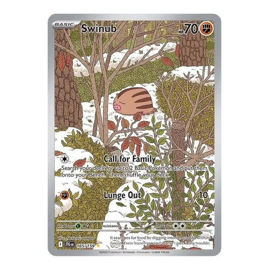 A single Pokémon trading card featuring the character Swinub in a winter forest illustration. The card has a silver border, printed artwork with snow, trees, and foliage, and visible Pokémon branding at the bottom.