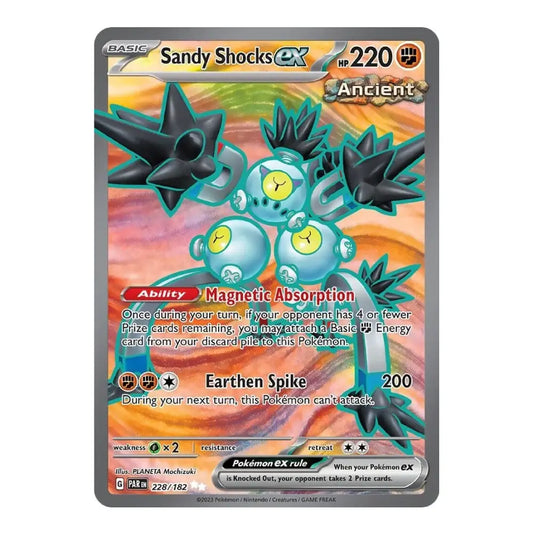 A single Pokémon trading card for Sandy Shocks EX, featuring a teal and black exoskeleton creature on an orange and yellow background, with card stats and Pokémon branding visible.
