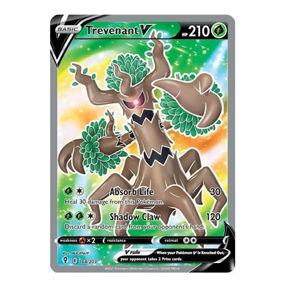 Trevenant V Pokémon trading card featuring a green and brown tree-like Pokémon with 210 HP.