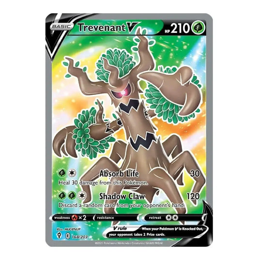 Trevenant V Pokémon trading card featuring a green and brown tree-like Pokémon with 210 HP.