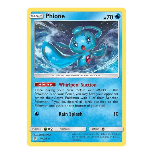 A single Pokémon trading card for Phionne from the 4th Generation set, featuring a blue water-type creature on a light blue background with a yellow border.