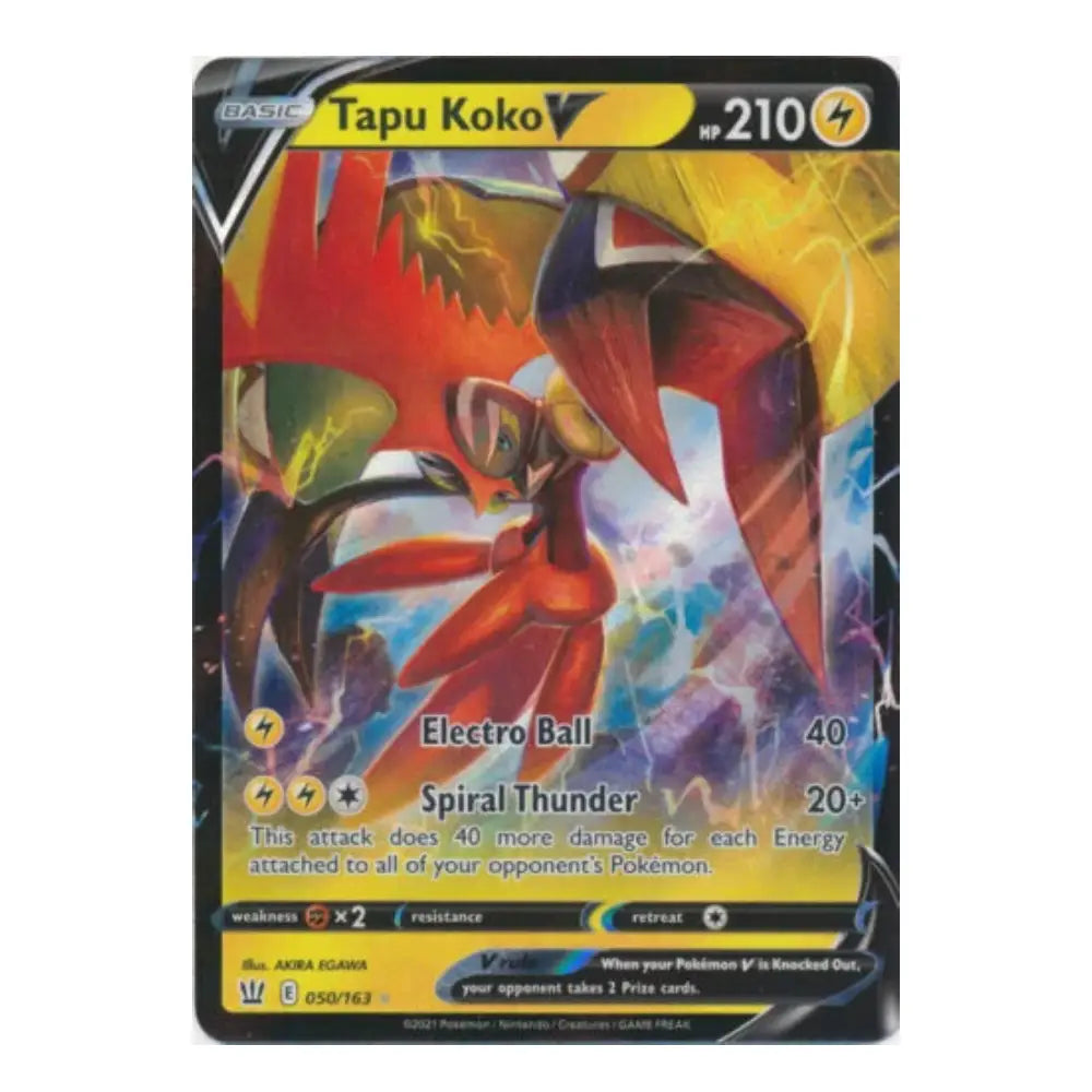 A single Pokémon trading card for Tapu Koko from the Arceus Rise set, featuring artwork of the red and black bird-like Pokémon with yellow energy icons and a black border on a white background.