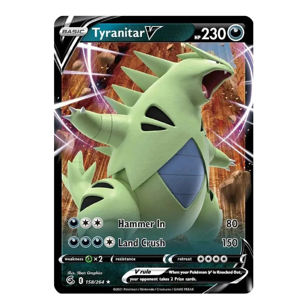 A single Pokémon trading card for Tyranitar V, shown against a plain white background. The card features a large light green Tyranitar illustration with dark blue accents, black border elements, and game text including HP 230 and move names Hammer In and Land Crush.