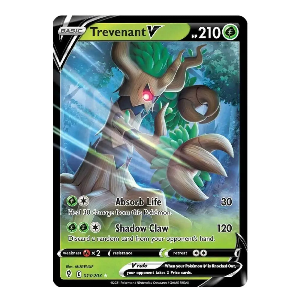 A single Pokémon trading card for Trevenant V from the Scarlet & Violet set, featuring artwork of the character in a forest with green leaves and blue light effects. The card has a black border with green and white text areas and a small Pokémon logo at the top.