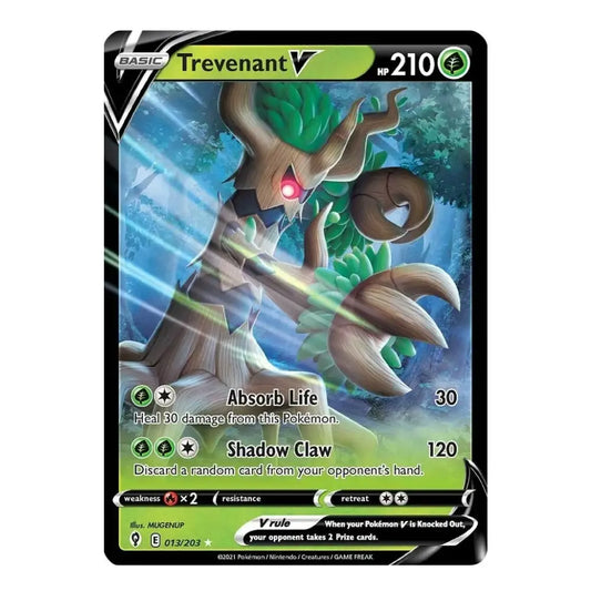 A single Pokémon trading card for Trevenant V from the Scarlet & Violet set, featuring artwork of the character in a forest with green leaves and blue light effects. The card has a black border with green and white text areas and a small Pokémon logo at the top.