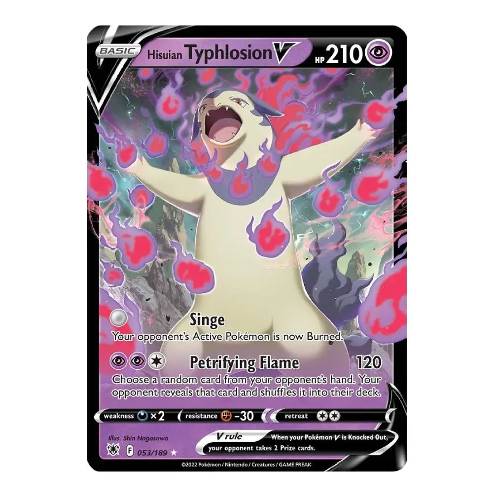 A single Pokémon trading card featuring Hisuian Typhlosion V, a Fire-type character card from the Evolving Skies expansion. The card has a black border, a purple and pink background with the creature depicted in the center, and text showing its name, HP of 210, and the 'V' evolution symbol.