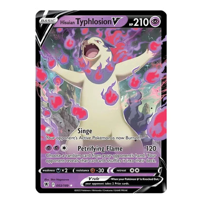 A single Pokémon trading card featuring Hisuian Typhlosion V, a Fire-type character card from the Evolving Skies expansion. The card has a black border, a purple and pink background with the creature depicted in the center, and text showing its name, HP of 210, and the 'V' evolution symbol.