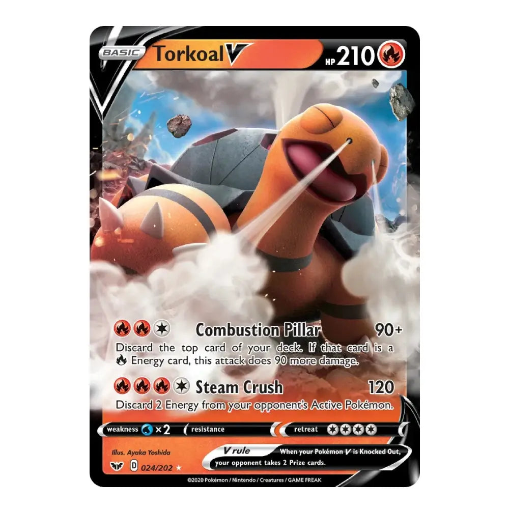 A single Pokémon trading card featuring Torkoal from the Basic set, with artwork of the orange dragon-like Pokémon and card text detailing its moves and stats.