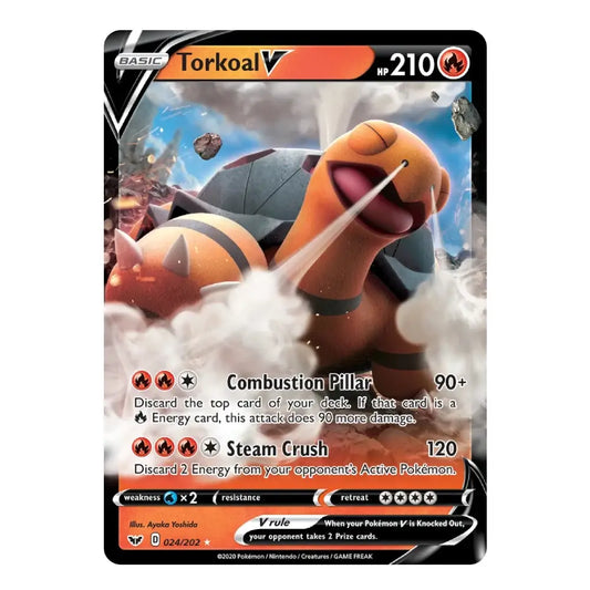A single Pokémon trading card featuring Torkoal from the Basic set, with artwork of the orange dragon-like Pokémon and card text detailing its moves and stats.