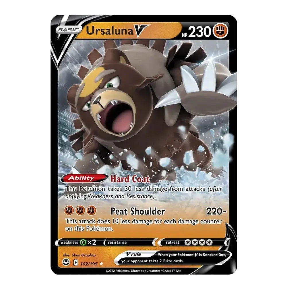 A single Pokémon trading card for Ursaluna V, shown against a plain white background. The card features artwork of the brown Pokémon with white shoulder flaps and a yellow forehead patch, with game text and stats printed on the front.