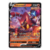 A single Pokémon trading card for Volcanion V, featuring artwork of the red and black dragon-like Pokémon on a black card border with colorful battle-style text and stats.