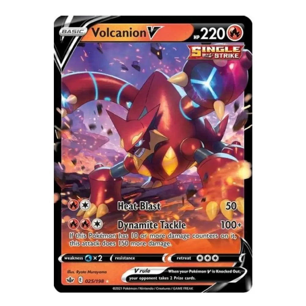 A single Pokémon trading card for Volcanion V, featuring artwork of the red and black dragon-like Pokémon on a black card border with colorful battle-style text and stats.