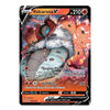 A single Pokémon trading card for Volcarona V from the Basic Set, featuring artwork of the fire-type Pokémon with red, orange, gray, and black tones on a black card border.