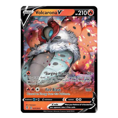 A single Pokémon trading card for Volcarona V from the Basic Set, featuring artwork of the fire-type Pokémon with red, orange, gray, and black tones on a black card border.